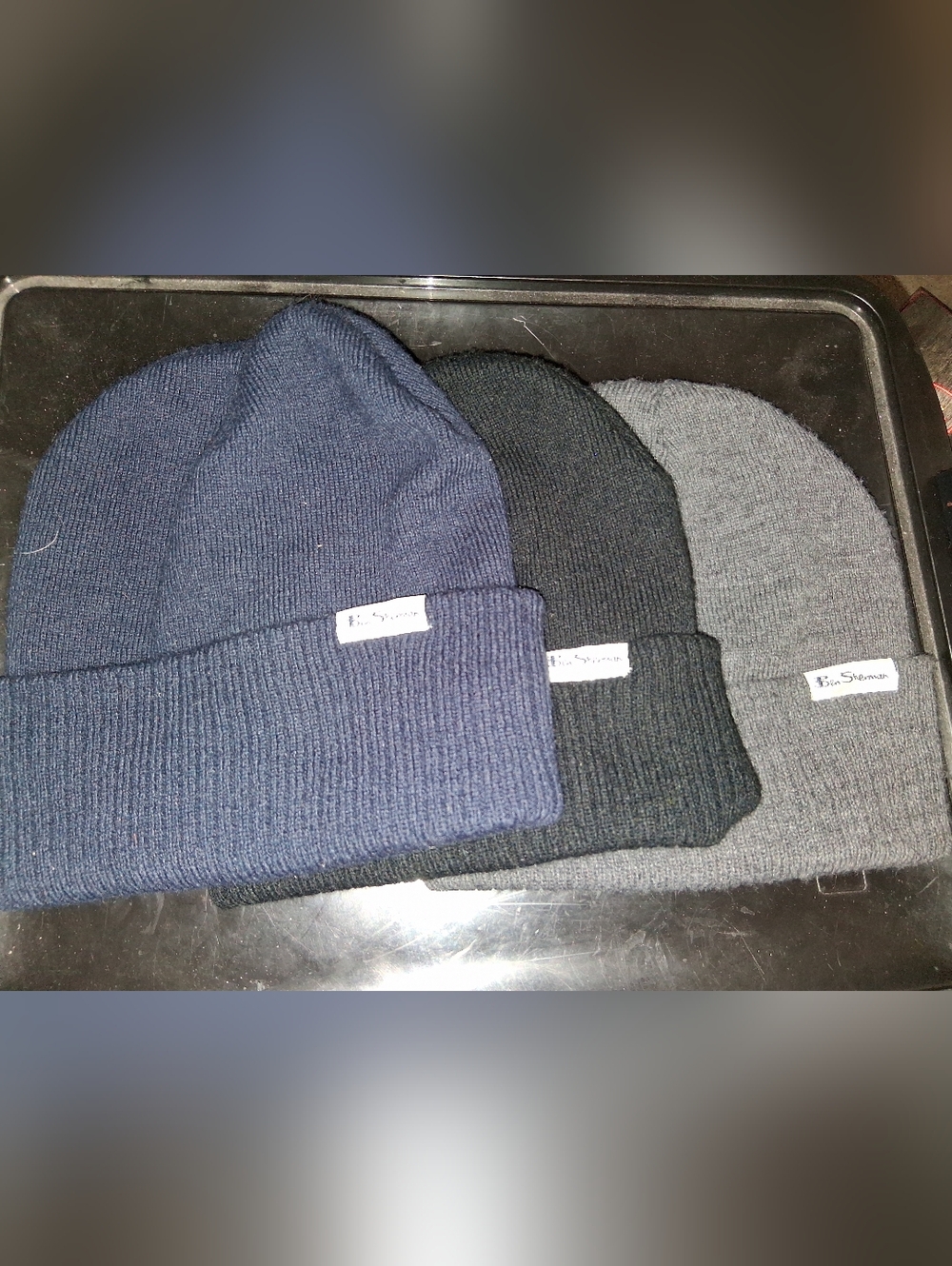 Ben Sherman Navy, Gray and Black Rib Knit Beanie Set 3 Hats